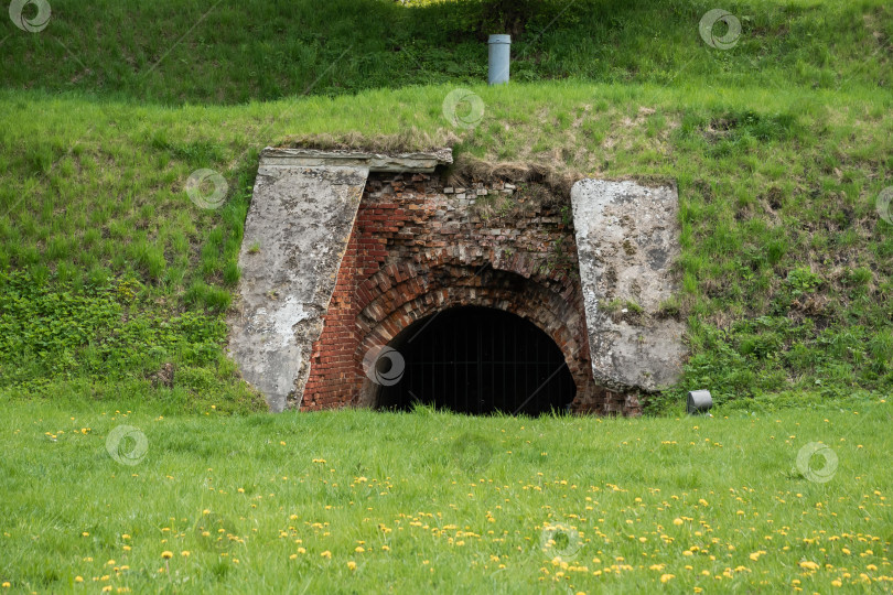 Скачать Древний кирпичный вход в туннель, окруженный пышной зеленью и газоном фотосток Ozero