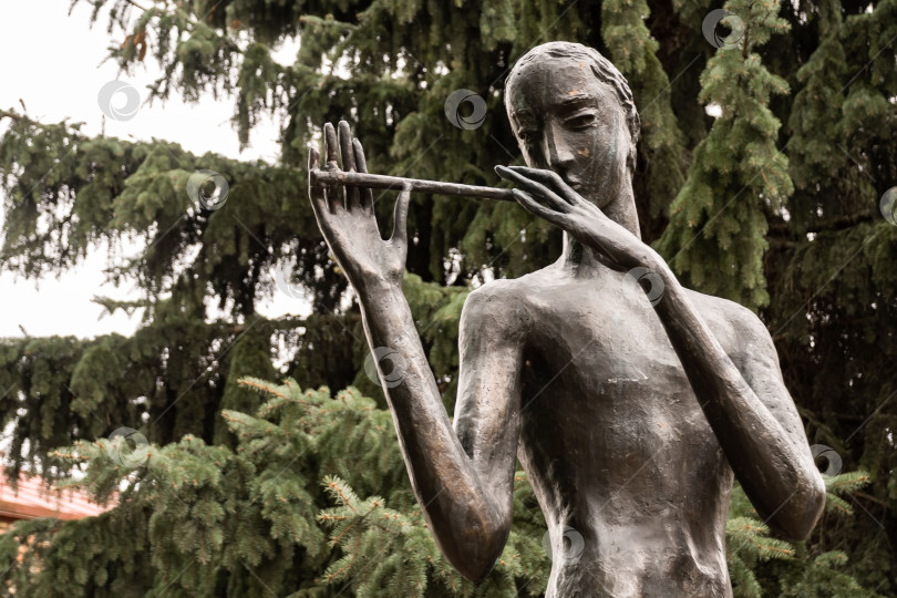 Скачать Бронзовая скульптура флейтиста среди вечнозеленых деревьев в парке на открытом воздухе фотосток Ozero