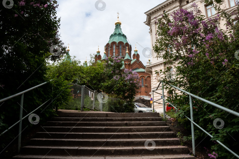 Скачать Успенский собор среди пышной зелени и городской архитектуры фотосток Ozero