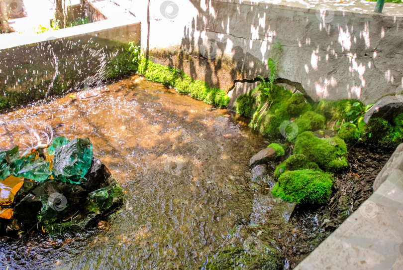 Скачать Залитый солнцем каменный пруд с пышным зеленым мхом и проточной водой в парке фотосток Ozero