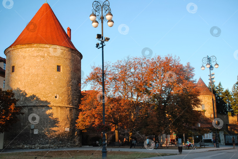 Скачать Исторические каменные башни и осенние деревья в старом городе Загреба на закате фотосток Ozero