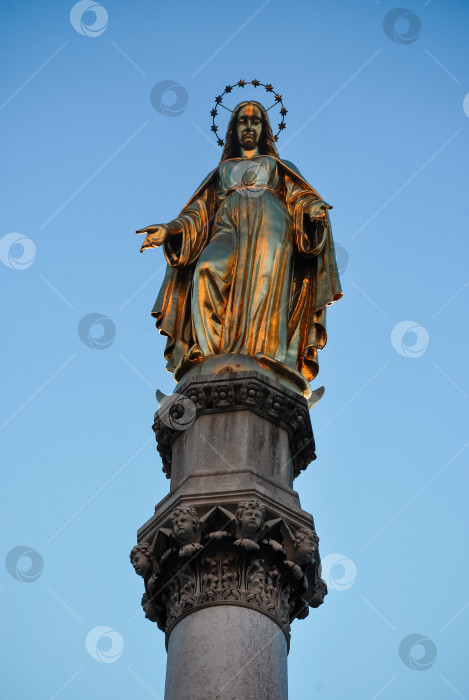 Скачать Золотая статуя девы Марии на богато украшенной колонне на фоне голубого неба фотосток Ozero