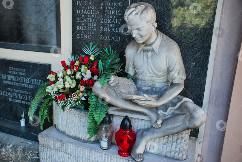 Скачать Мемориальная статуя читающего мальчика с цветами и свечой фотосток Ozero