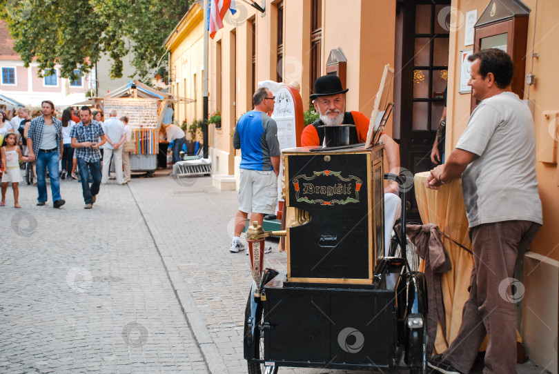 Скачать Пожилой кавказец-уличный артист с шарманкой на оживленном уличном рынке фотосток Ozero