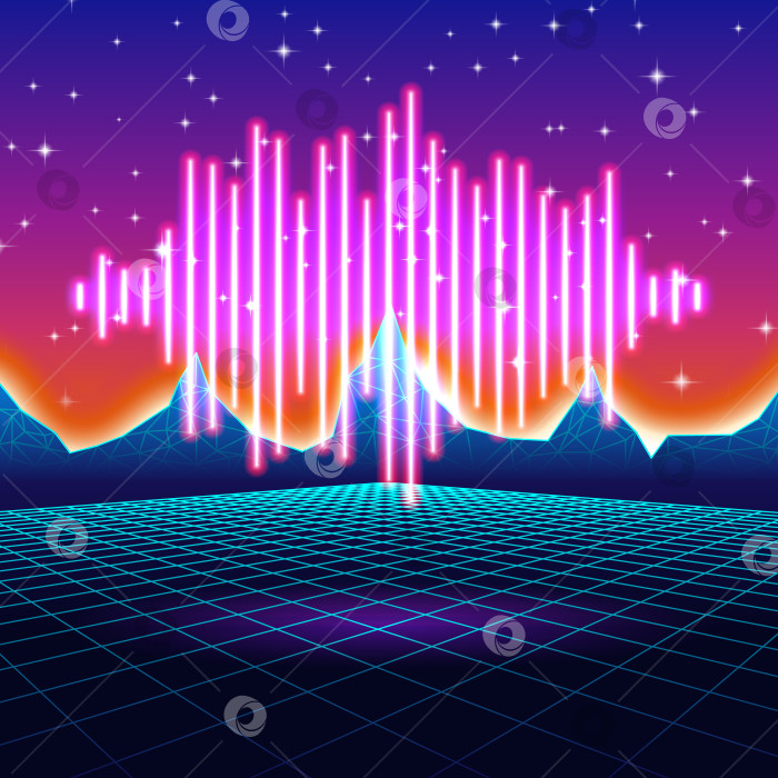 Скачать Неоновый фон ретро-игр с блестящей музыкальной волной фотосток Ozero
