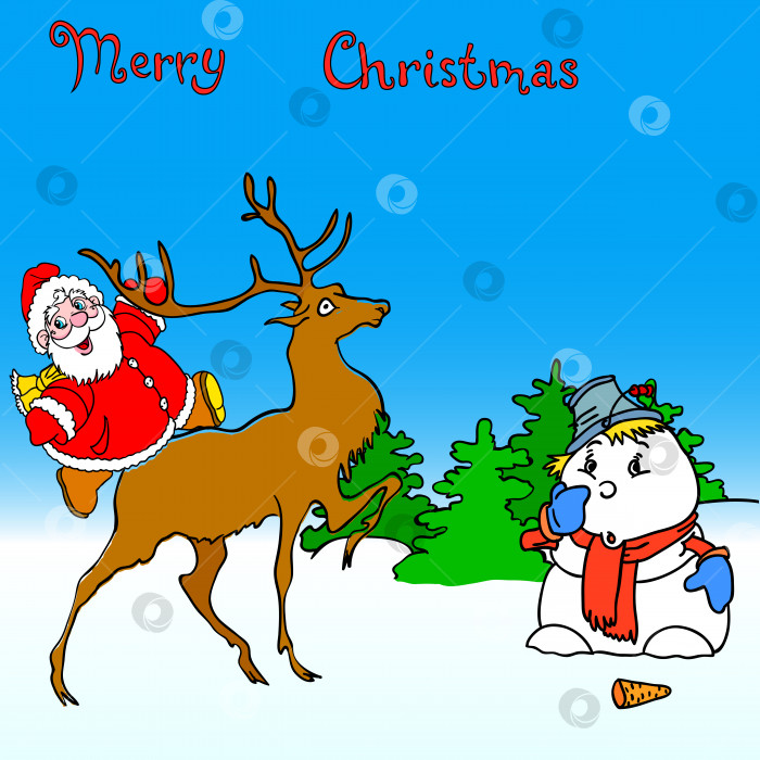 Скачать Санта-Клаус катается верхом на олене и снеговике фотосток Ozero