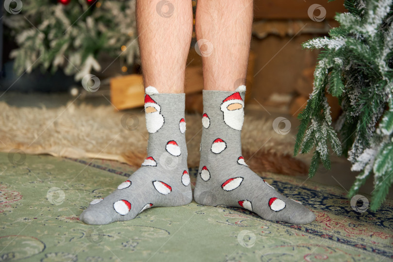 Скачать мужские волосатые ноги в забавных серых носках с Санта Клаусом фотосток Ozero