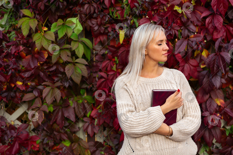 Скачать женщина в свитере стоит с книгой в руках фотосток Ozero