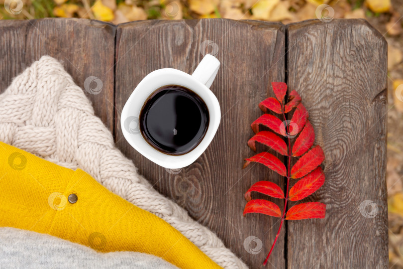 Скачать Осенний фон или открытка. Кофе в белой кружке на деревянной скамейке. Осенний лист и теплый вязаный свитер. фотосток Ozero
