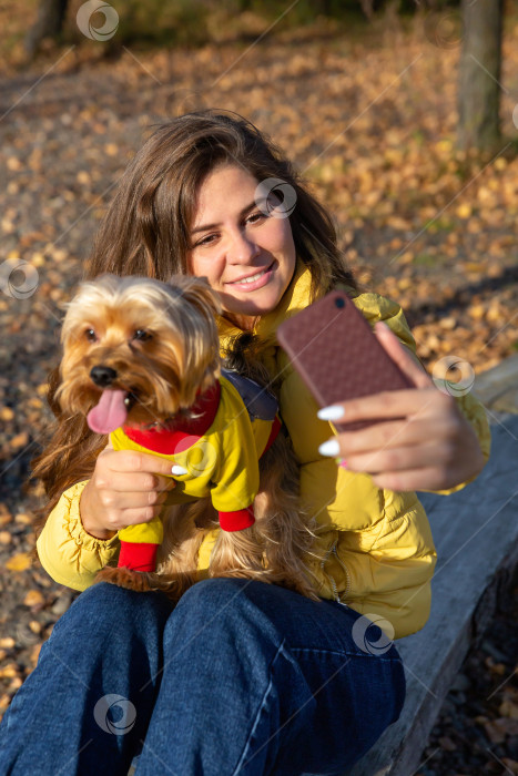 Скачать женщина делает селфи на смартфон со своей маленькой собачкой фотосток Ozero
