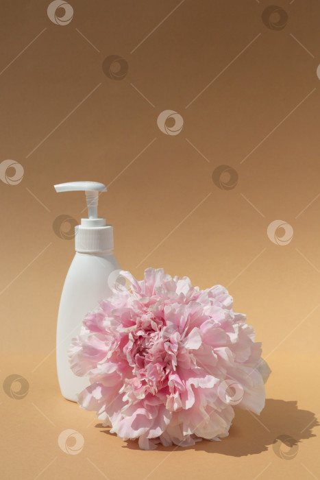 Скачать белый флакон косметики и розовый бутон пиона на коричневом фоне. Увлажнение и здоровье кожи фотосток Ozero