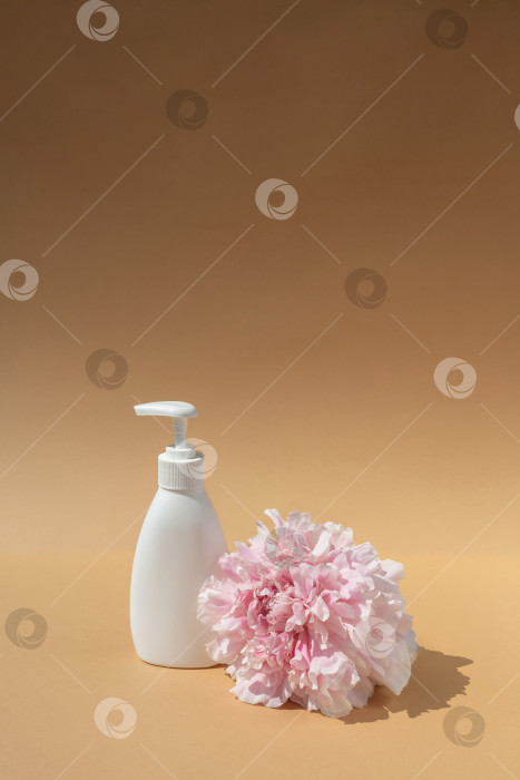 Скачать белый флакон косметики и розовый бутон пиона на коричневом фоне. Увлажнение и здоровье кожи фотосток Ozero