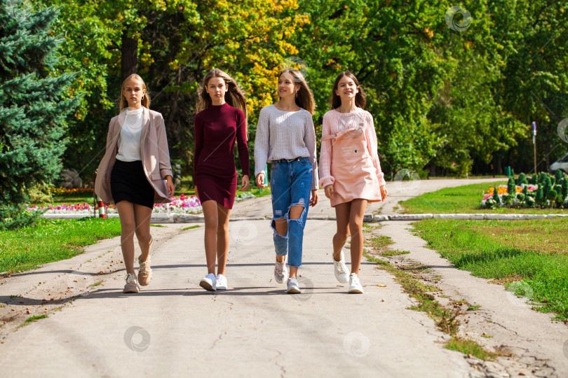 Скачать Четыре счастливые молодые подружки прогуливаются по осеннему парку фотосток Ozero