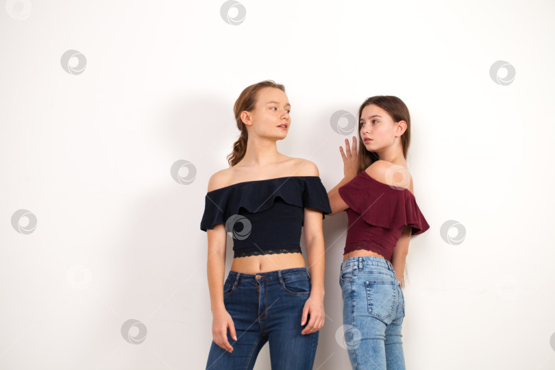 Скачать Две молодые подружки позируют на фоне стены фотосток Ozero