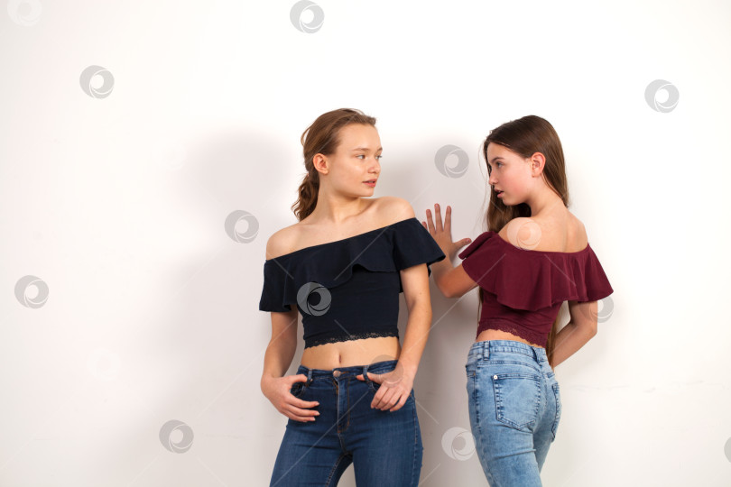 Скачать Две молодые подружки позируют на фоне стены фотосток Ozero