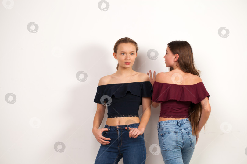 Скачать Две молодые подружки позируют на фоне стены фотосток Ozero