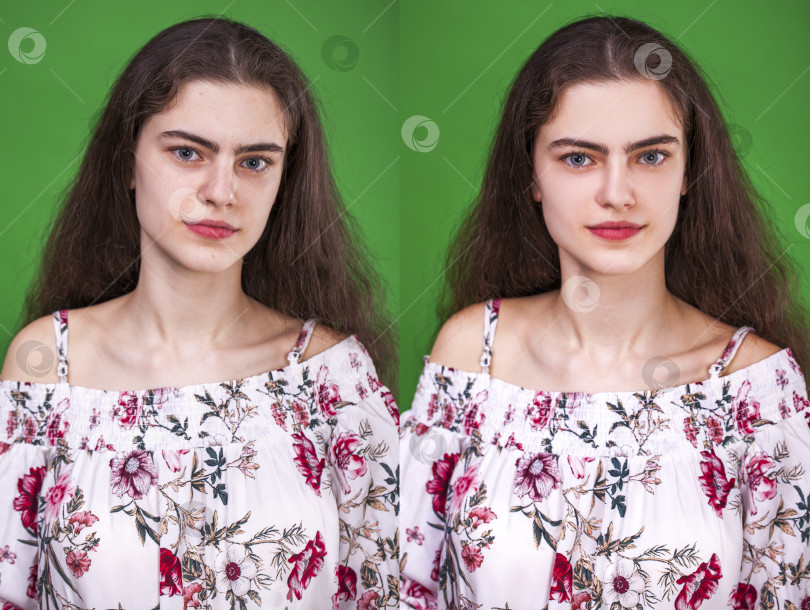 Скачать До и после ретуши. Портрет молодой девушки на зеленом фоне. фотосток Ozero