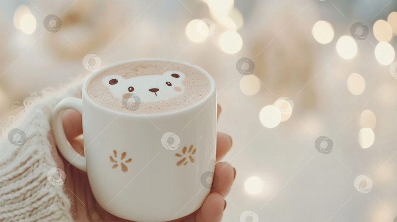 Скачать Ручная белая керамическая чашка для капучино с пенкой в виде милого медвежонка фотосток Ozero
