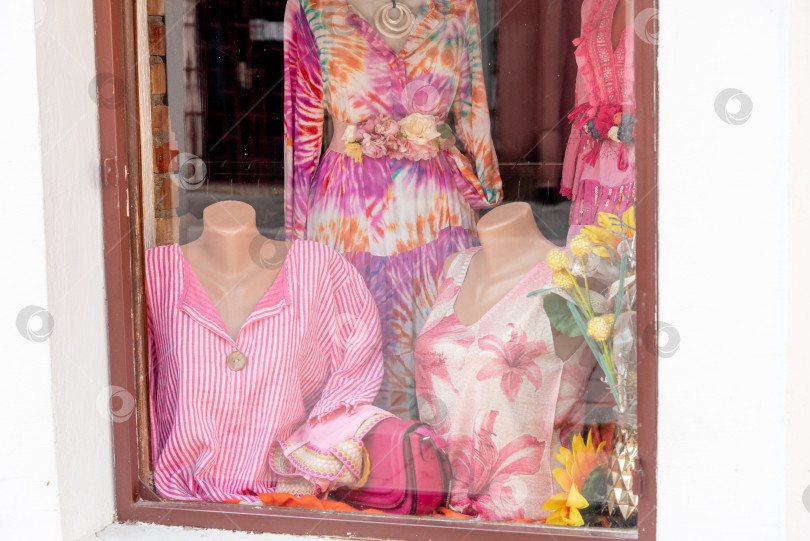 Скачать Манекен с женской рубашкой и платьем стоит за стеклянной витриной магазина одежды фотосток Ozero