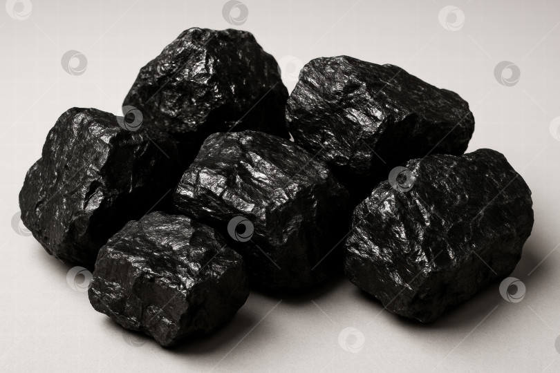 Скачать Крупный план природных угольных пород с различной текстурой и оттенками черного, идеально подходящих для изучения геологических особенностей и состава. фотосток Ozero