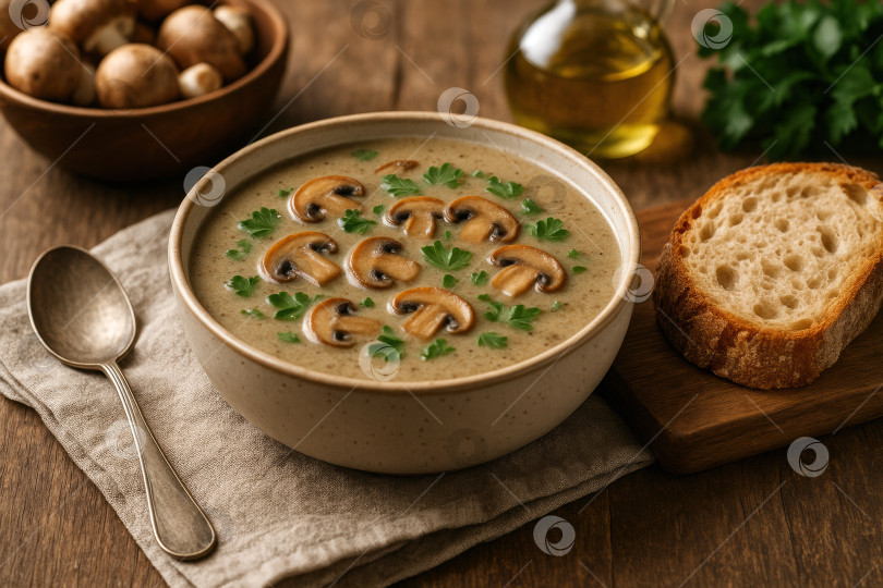 Скачать Сливочно-грибной суп с гарниром из свежей петрушки, подаваемый с хрустящим хлебом и оливковым маслом, идеально подходит для уютных обеденных моментов и приятных блюд. фотосток Ozero