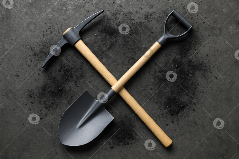 Скачать Скрещенные садовые инструменты: Лопата и кирка, лежащие на темной почве, для идеального озеленения и копания. фотосток Ozero