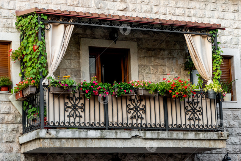 Скачать Украшенный цветами и растениями в горшках балкон в дизайне экстерьера жилого дома фотосток Ozero