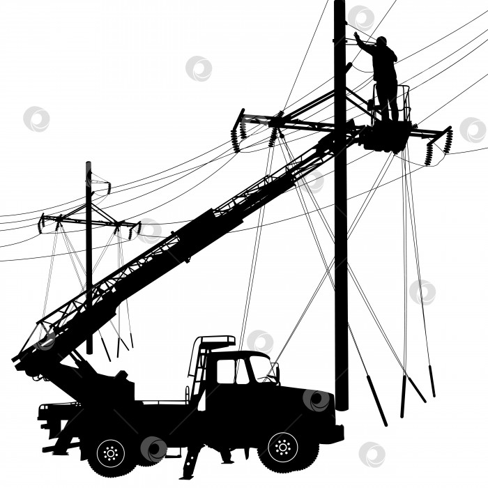 Скачать Электрик, производящий ремонт на опоре электропередачи. Векторная иллюстрация фотосток Ozero