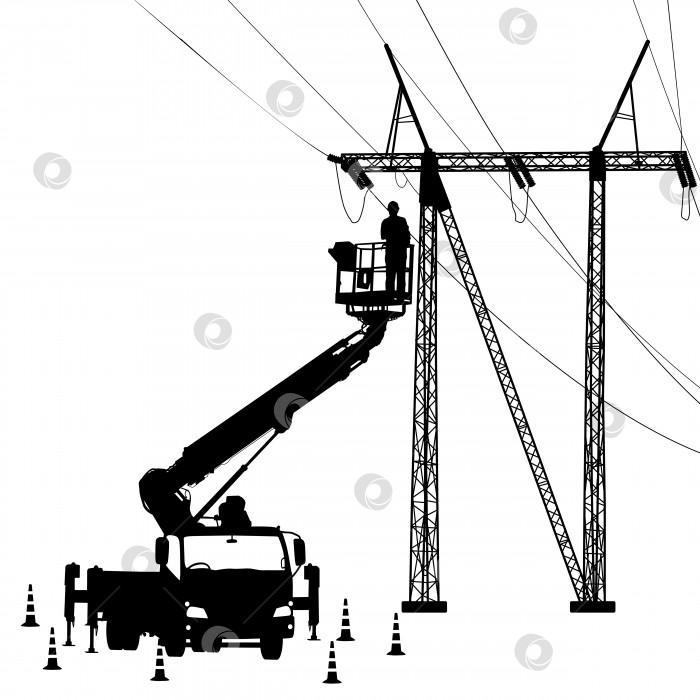 Скачать Электрик, производящий ремонт на опоре электропередачи. Векторная иллюстрация фотосток Ozero