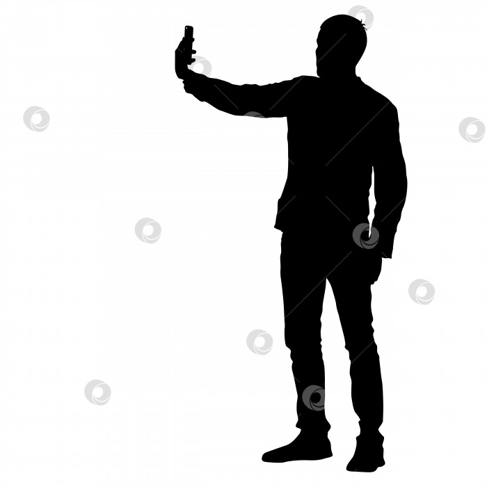 Скачать Силуэты мужчин, делающих селфи со смартфоном на белом фоне. Векторная иллюстрация фотосток Ozero