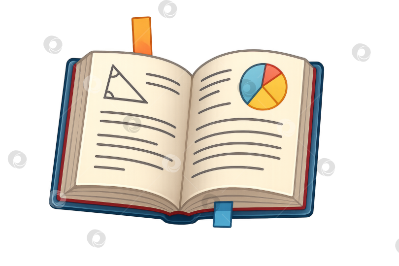Скачать Откройте учебник по математике с геометрическими символами и круговой диаграммой на отдельных страницах. Выделенные на прозрачном фоне фотосток Ozero