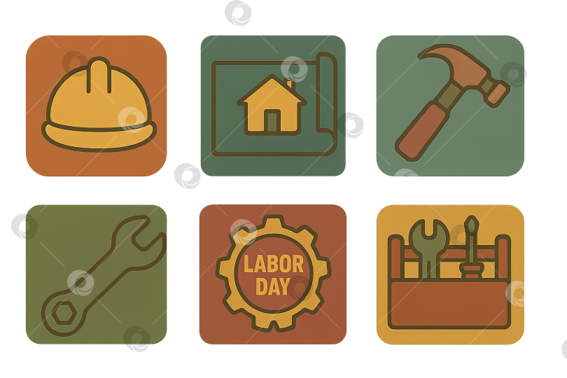 Скачать Набор значков Дня труда с инструментами и символами, выделенных на прозрачном фотосток Ozero