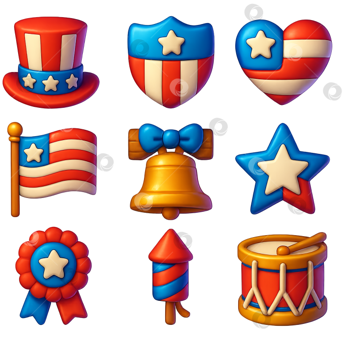 Скачать Набор значков с американскими символами, включая шляпу, флаг, колокольчик и барабан, выделенных на прозрачном фотосток Ozero