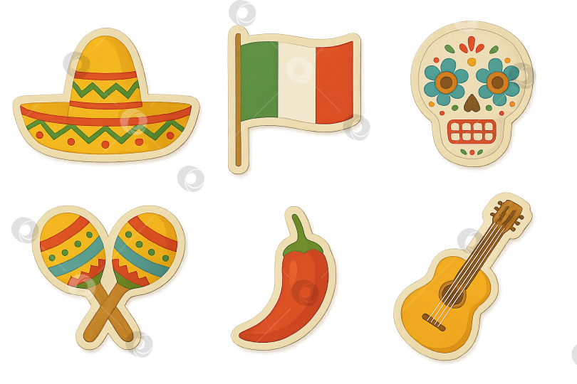 Скачать Набор иконок "День мертвых" с сомбреро, флагом и черепом на прозрачном фоне фотосток Ozero