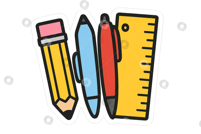 Скачать Значок канцелярских принадлежностей "Назад в школу" с изображением карандаша, ручки, линейки на прозрачном фоне фотосток Ozero