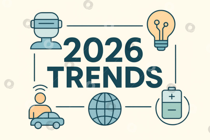 Скачать Технологические тренды на 2026 год со значками искусственного интеллекта, автомобиля, земного шара, аккумулятора, фона фотосток Ozero