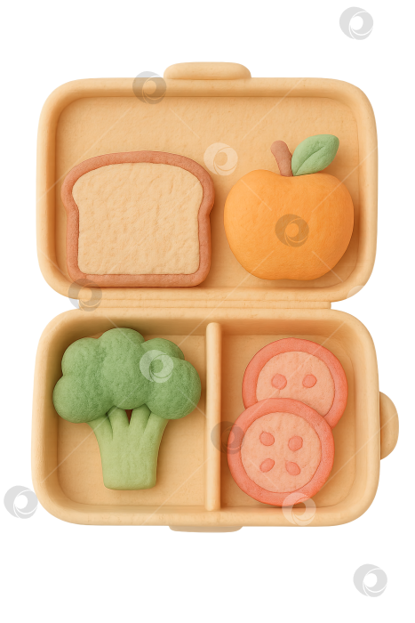 Скачать Ланч-бокс с яблоком, брокколи, печеньем и хлебом, аккуратно разложенный по отдельности фотосток Ozero
