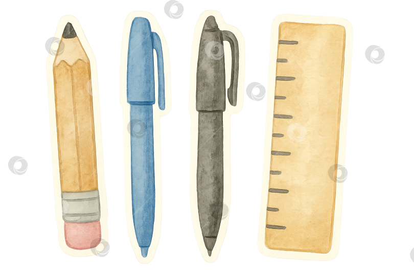 Скачать Набор школьных канцелярских принадлежностей с карандашом, ручками, линейкой на прозрачном фоне фотосток Ozero