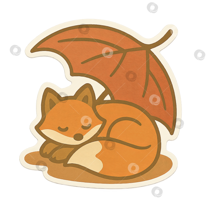 Скачать Иллюстрация на осеннюю тематику, изображающая спящую лису под зонтиком из листьев, изолированную фотосток Ozero