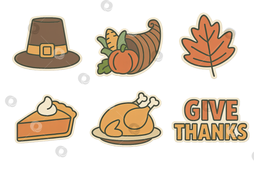 Скачать Осенние иконки на День благодарения с индейкой, пирогом, листьями, рогом изобилия. Выделенные на прозрачном фоне фотосток Ozero