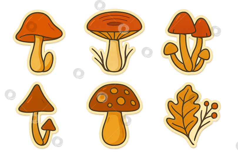 Скачать Иллюстрации осенних грибов с листьями на прозрачном фоне фотосток Ozero