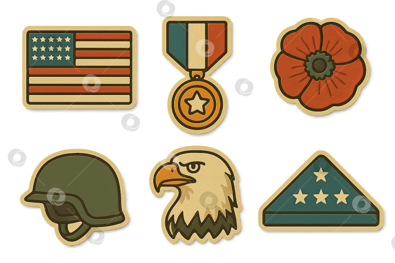 Скачать Набор изолированных значков Дня ветеранов США с флагом, медалью, маком и орлом фотосток Ozero