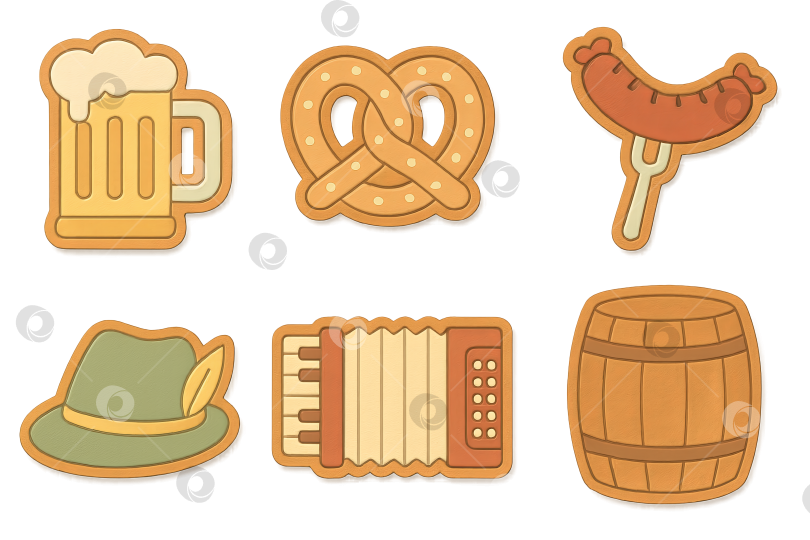 Скачать Набор иконок Octoberfest с изображением пива, кренделя, колбасы, шляпы, аккордеона, бочонка. Выделенные на прозрачном фоне фотосток Ozero