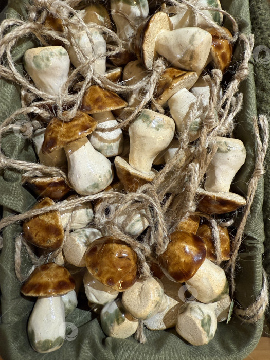 Скачать Грибные украшения в деревенском стиле, перевязанные бечевкой, в коричневой корзинке для декоративных целей фотосток Ozero