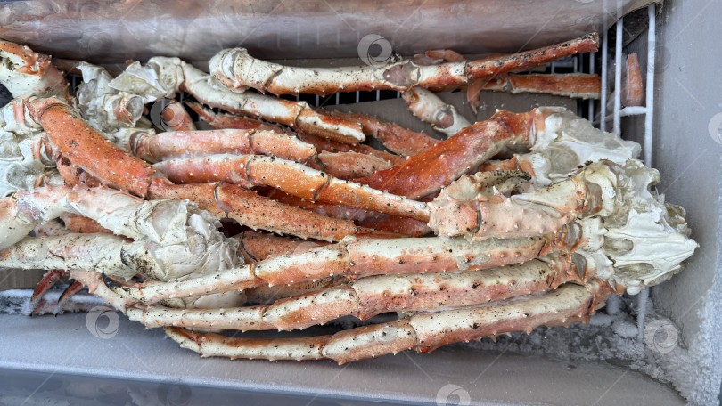 Скачать Замороженные ножки камчатского краба с кристалликами льда в морозильной камере, демонстрирующие способы консервирования морепродуктов фотосток Ozero