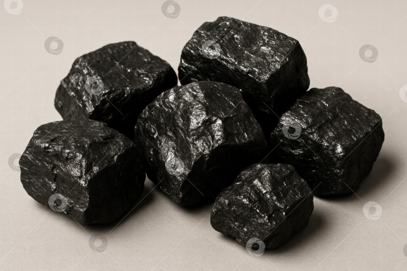 Скачать Коллекция темных кусочков угля грубой формы, размещенных на нейтральном фоне, подчеркивает их текстурированную поверхность и естественные формы фотосток Ozero