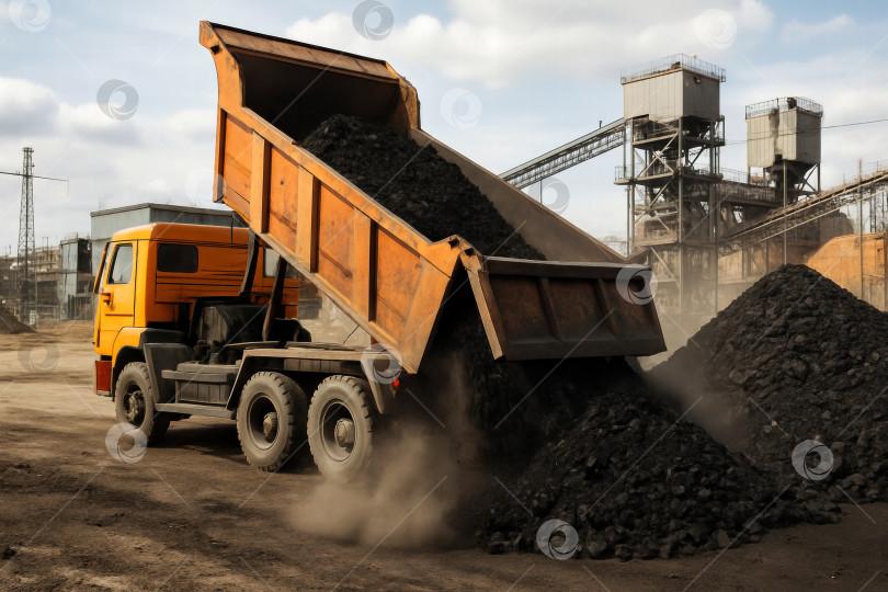 Скачать Большегрузный грузовик, разгружающий уголь на промышленной площадке, на фоне машин и пыли демонстрирует основные операции по добыче полезных ископаемых. фотосток Ozero