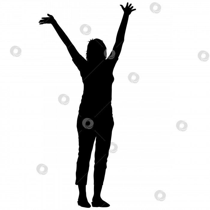 Скачать Черные силуэты женщины, поднявшей руки на белом фоне. Векторная иллюстрация фотосток Ozero