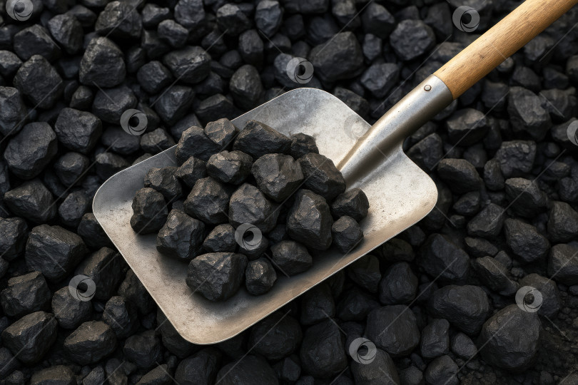 Скачать Лопата, груженная Свежедобыт-ным углем, окруженная грудой темных, мерцающих кусков угля, подчеркивает Первичный источник энергии и его промышленное использование. фотосток Ozero