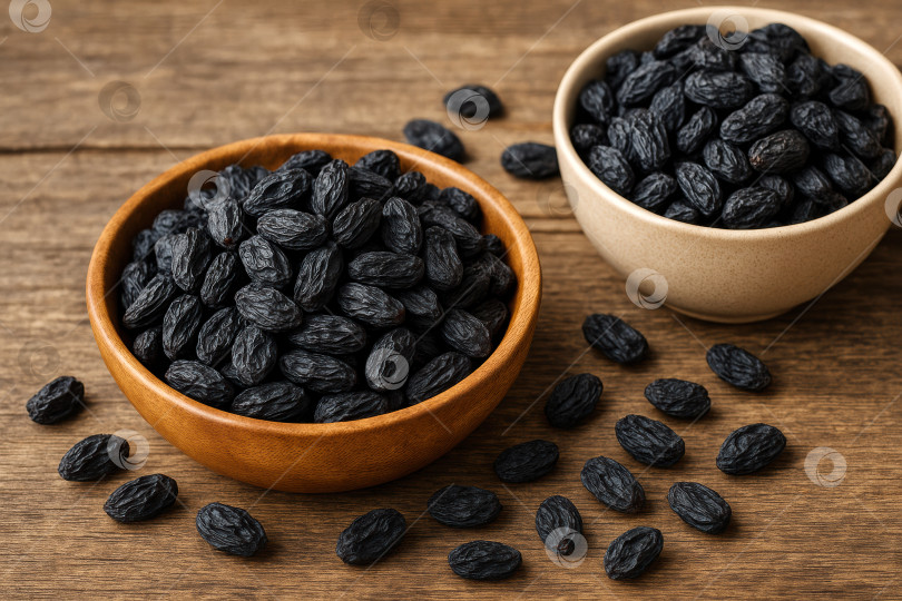 Скачать Крупный план восхитительного черного изюма в чашах различных размеров на деревянной поверхности в деревенском стиле, демонстрирующей его естественную текстуру и насыщенный цвет. фотосток Ozero